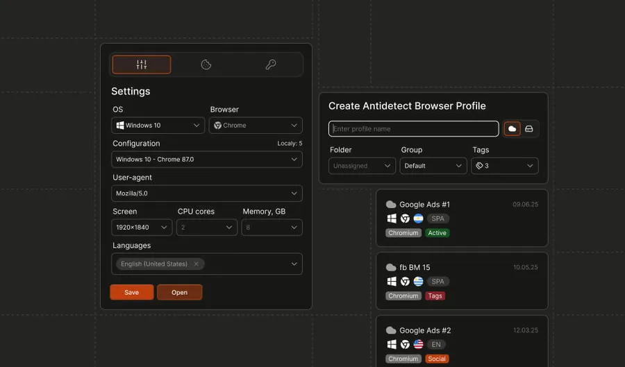 interface of antidetect browser settings