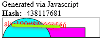 Output of canvas fingerprint code above, showing text and shapes with various effects and the hash output above it.