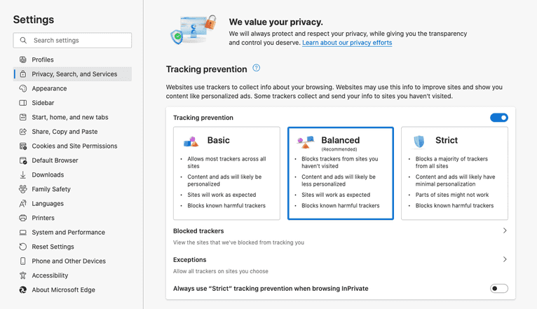 Microsoft Edge tracking prevention settings