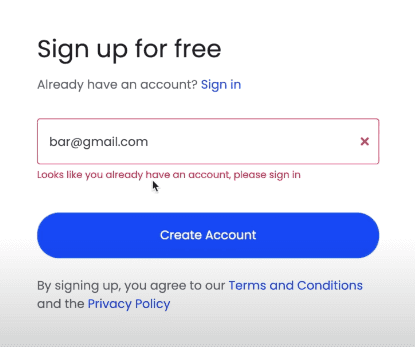 Screenshot of form validation preventing multiple signups