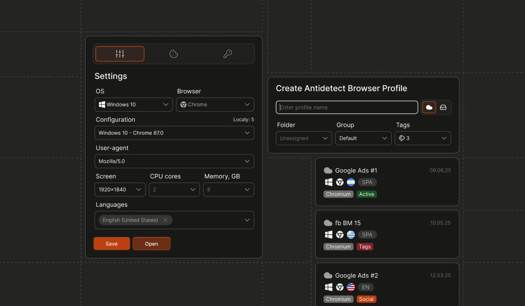 interface of antidetect browser settings
