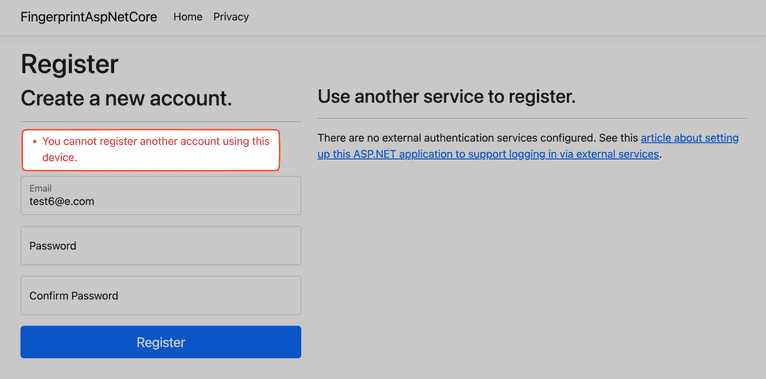 Can't create an account error message
