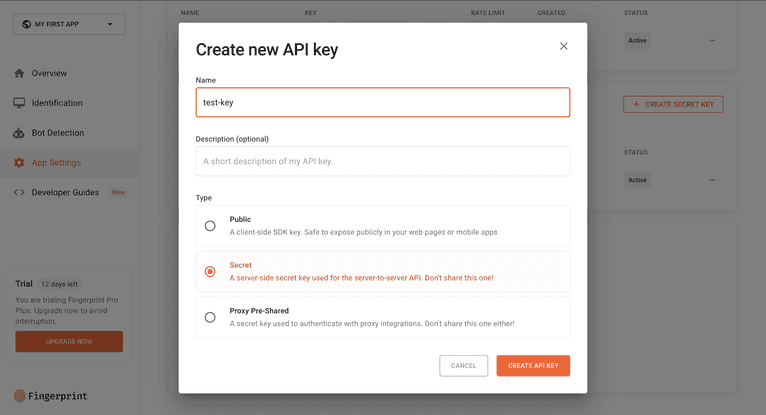 Creating a new secret API key