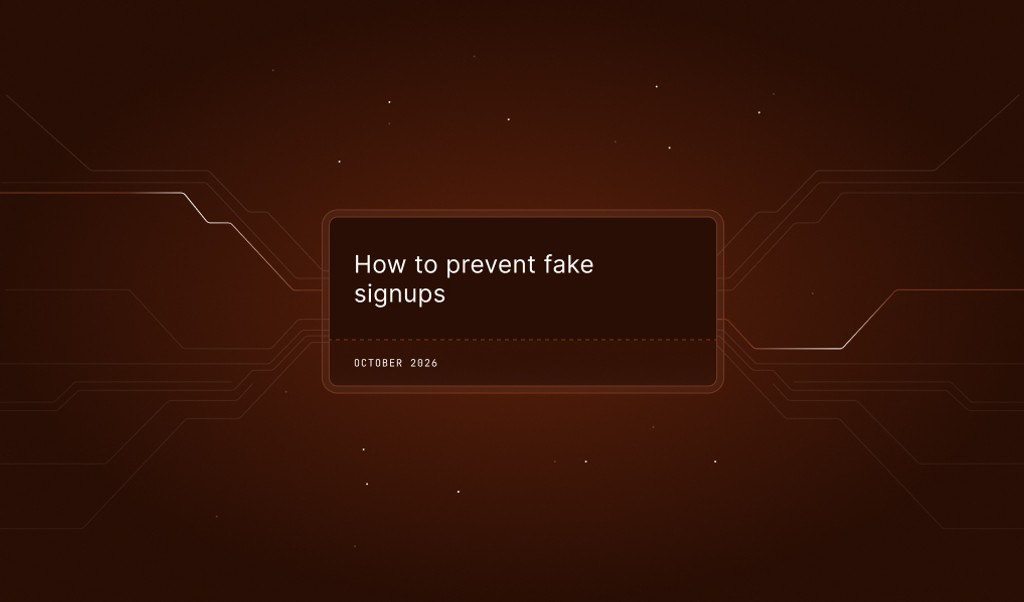 Dark brown circuit-board graphic with a card reading How to prevent fake signups