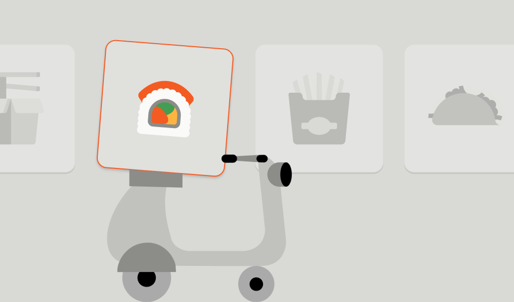 Image depicting a moped with a stylized food delivery bag. 