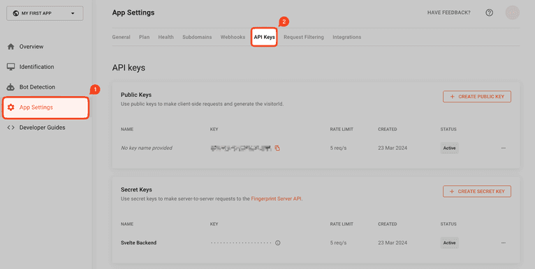 App Settings and API keys tab