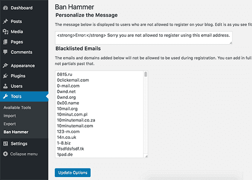How to ban email domains using the Ban Hammer plugin- Image via wpbeginner.com