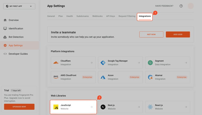 Integrations tab and JavaScript option