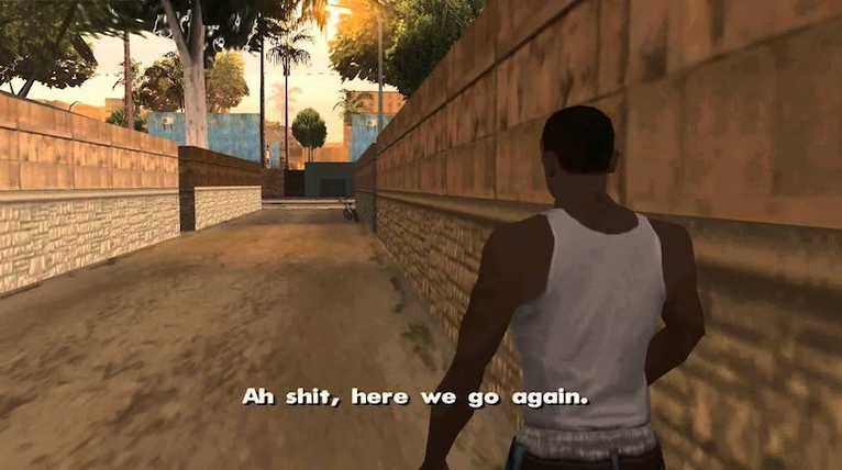 CJ from Grand Theft Auto: San Andreas walking down an alley with the caption "Ah s***, here we go again."