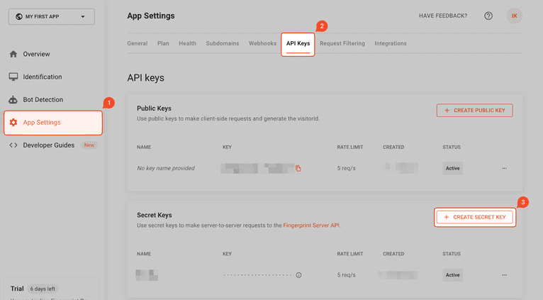 App Settings, API Keys tab, and Create Secret Key button