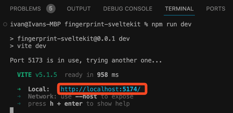 The app URL in the terminal