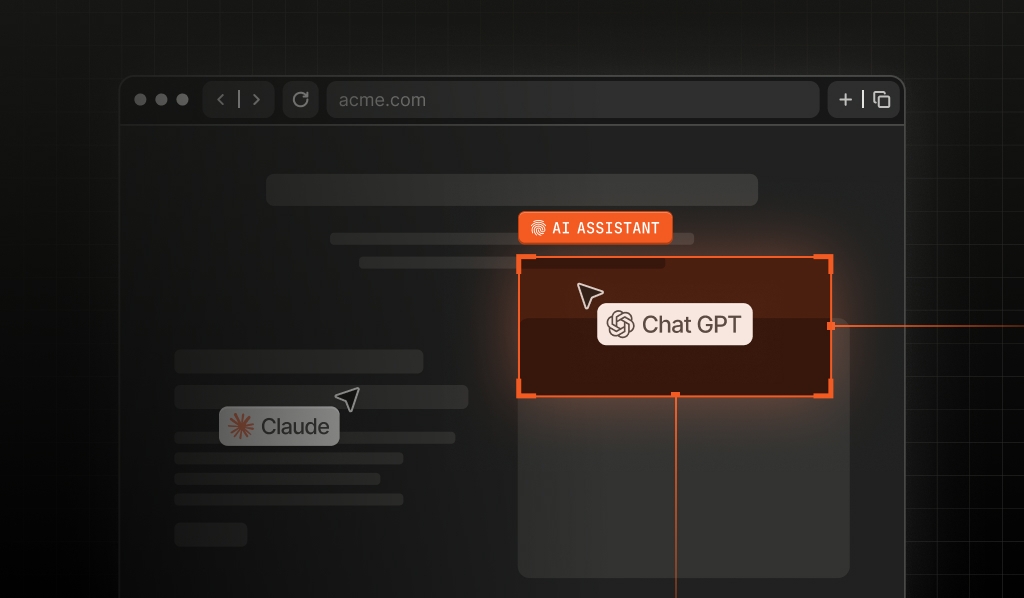 Fingerprint AI Assistant Detection identifying ChatGPT and Claude traffic on a website A browser window showing a webpage with AI assistant labels identifying ChatGPT and Claude as the visitors behind incoming requests.