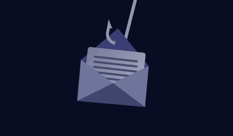 Illustration of a letter being opened by a fishing hook depicting a phishing email