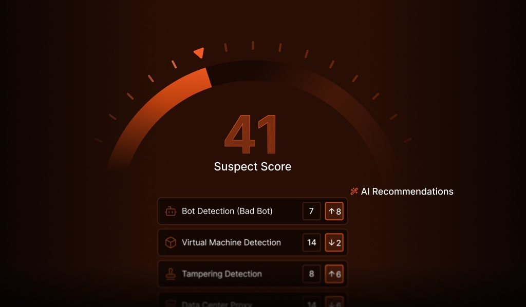 Suspect Score: AI-powered fraud scoring trained on your own data A gauge showing a score based on multiple signal inputs like bot and VM detection