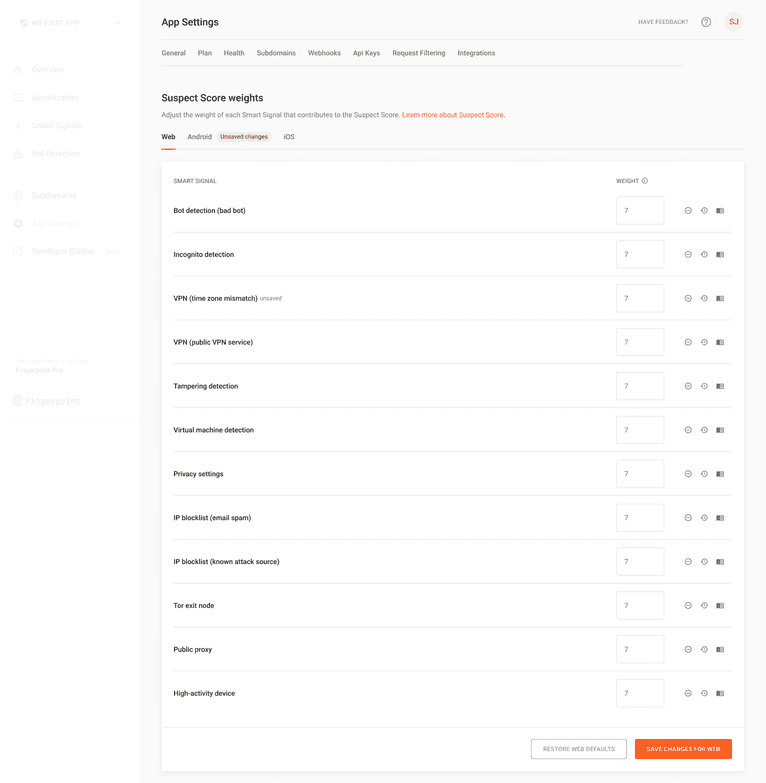 Screenshot of Suspect Score weights