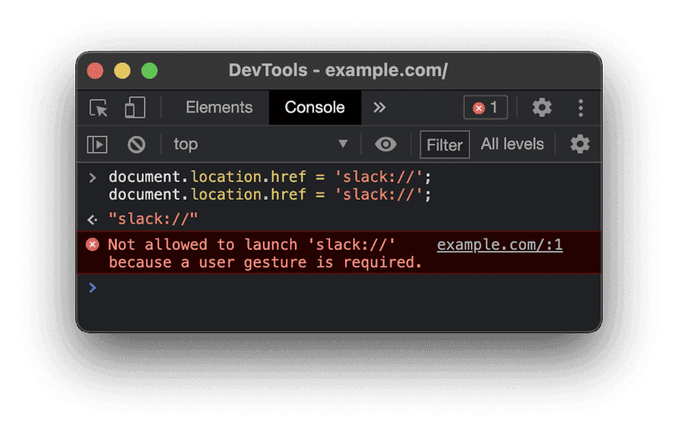 An example of how the Chrome browser protects against scheme flooding by requiring a user gesture