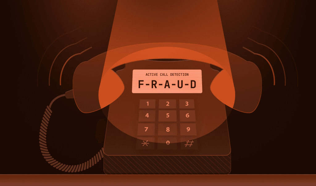 Illustration of a corded phone and dialpad with a screen that reads F-R-A-U-D on the display.