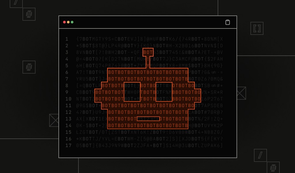 Terminal-style graphic of BOT text characters forming a bot icon