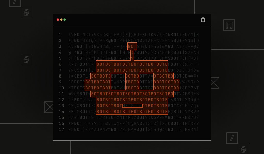 Terminal-style graphic of BOT text characters forming a bot icon