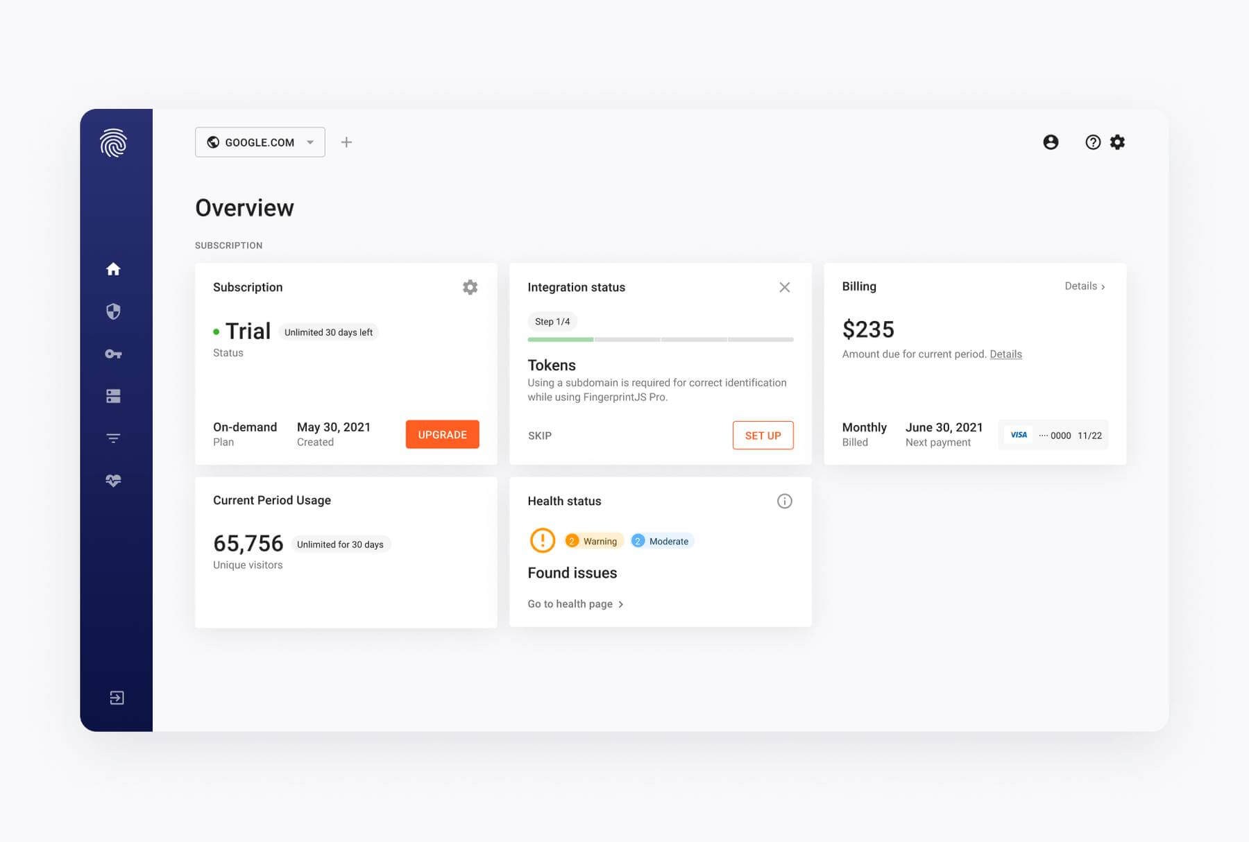 Fingerprint Pro subscription screen