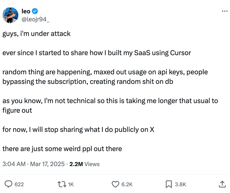 twitter screenshot of vibe-coded saas hacked