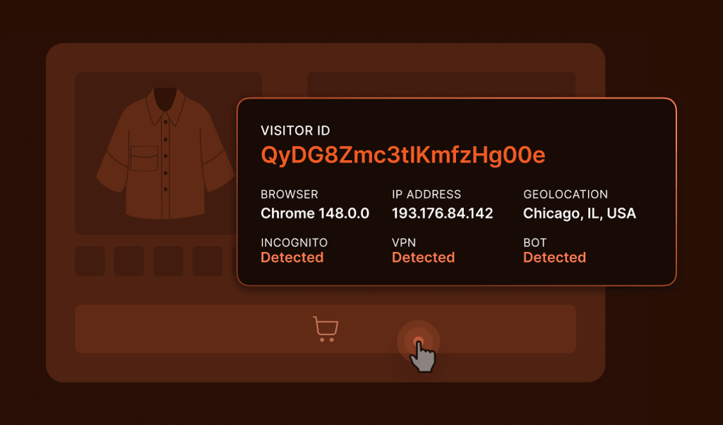 Online shopping site interface displays clothing item and a cart icon. A pop-up shows visitor ID, browser, IP address, location, incognito, VPN, and bot status.