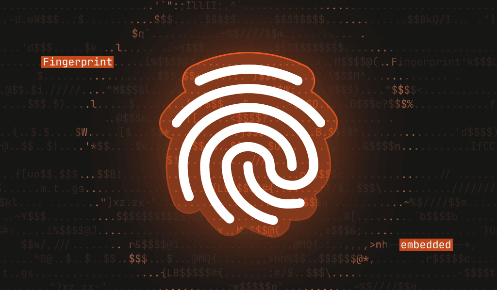 Fingerprint device intelligence logo image, overlaid on a digital code background with the words "Fingerprint embedded" displayed.
