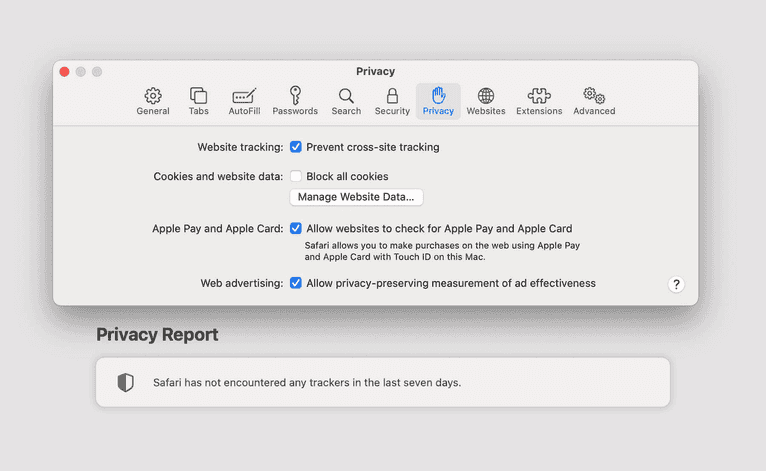 Safari privacy options