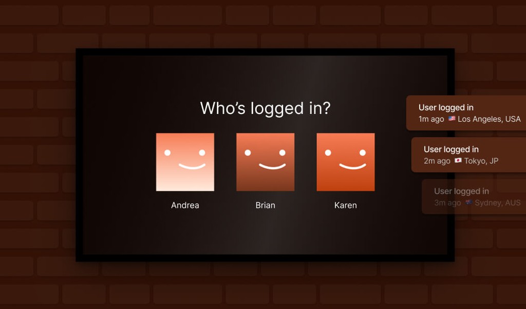 login screen with three usernames displayed