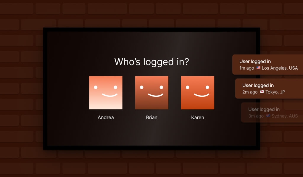 login screen with three usernames displayed