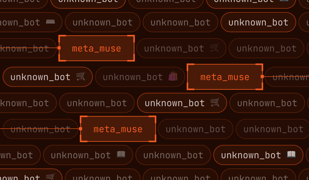 An array of multiple text lines in boxes with icons signifying internet traffic. Some boxes say "unknown_bot" and some say "meta_muse."