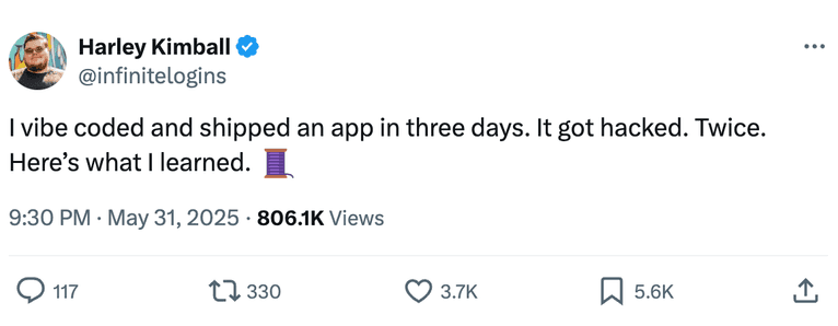 twitter screenshot of vibe-coded app hacked