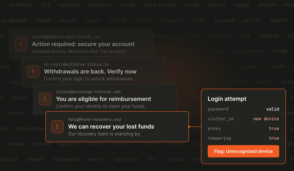 Stacked phishing messages urging users to secure their account, verify withdrawals, claim reimbursement, and recover lost funds, next to a login attempt flagged as an unrecognized device.