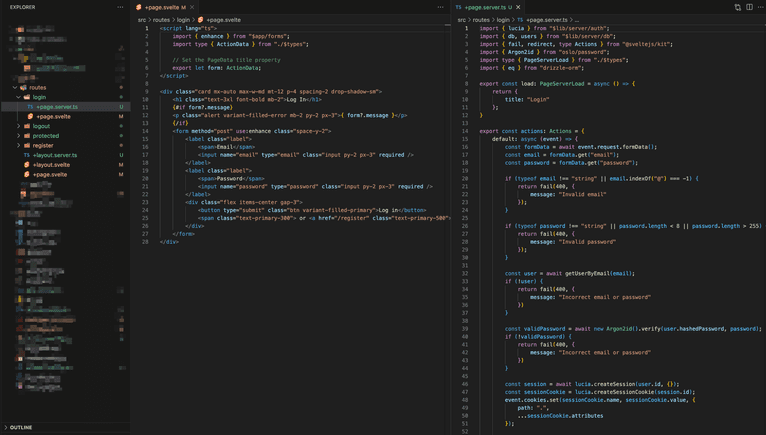 Visual Studio Code showing the routes folder along with the +page.svelte and +page.server.ts files side by side