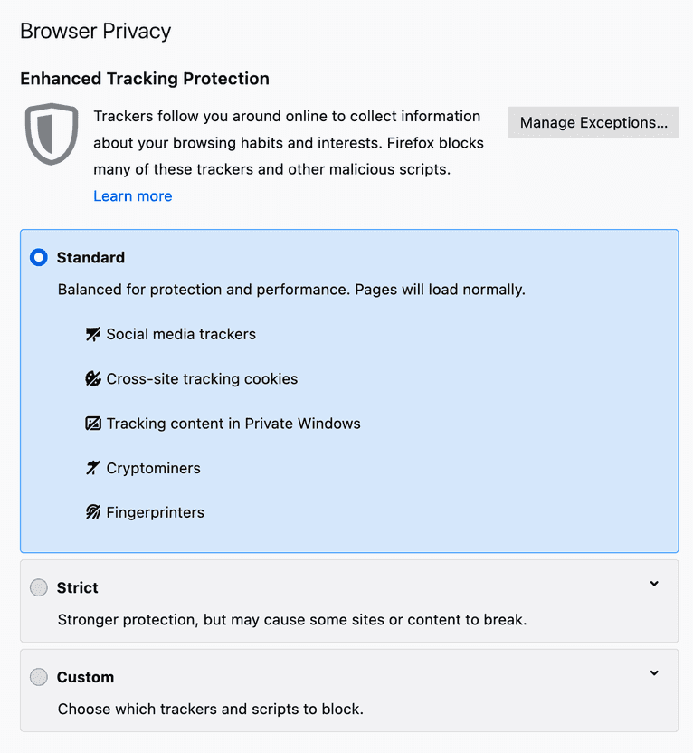 Firefox standard tracking protection