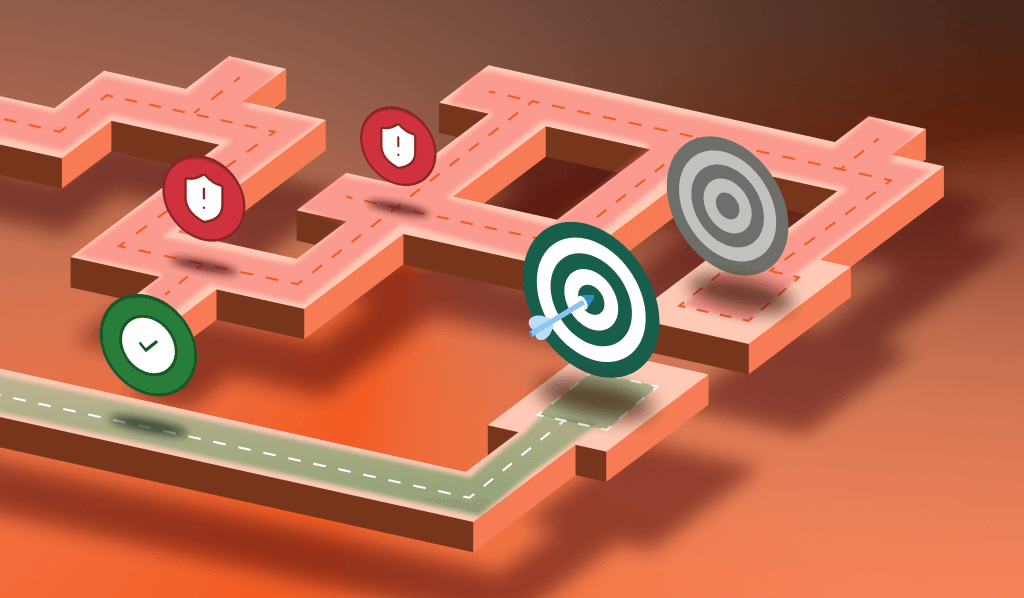A complex path with multiple barriers vs a simple and easy path to a target