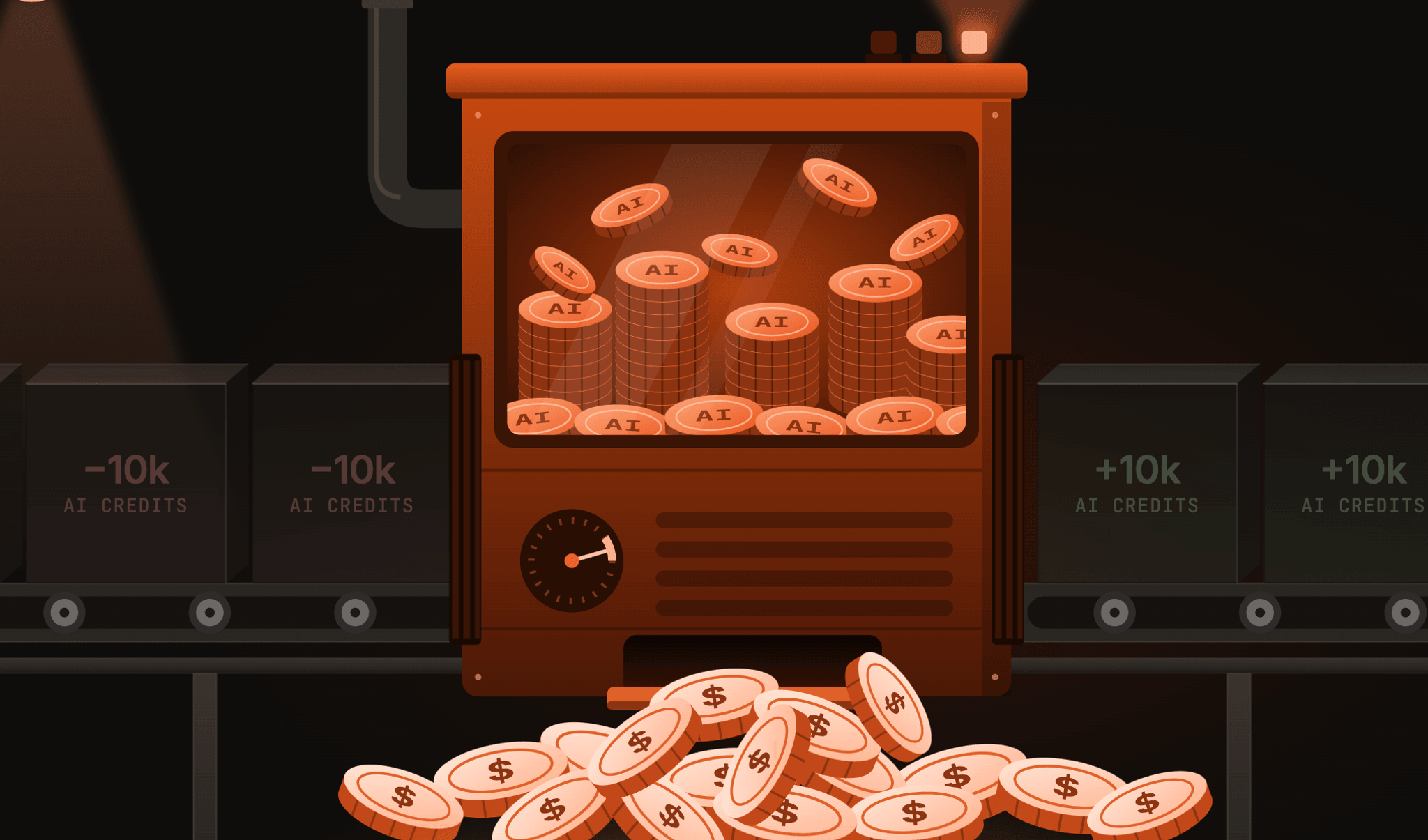 Illustration of a machine turning AI credit coins into dollar coins on a conveyor belt