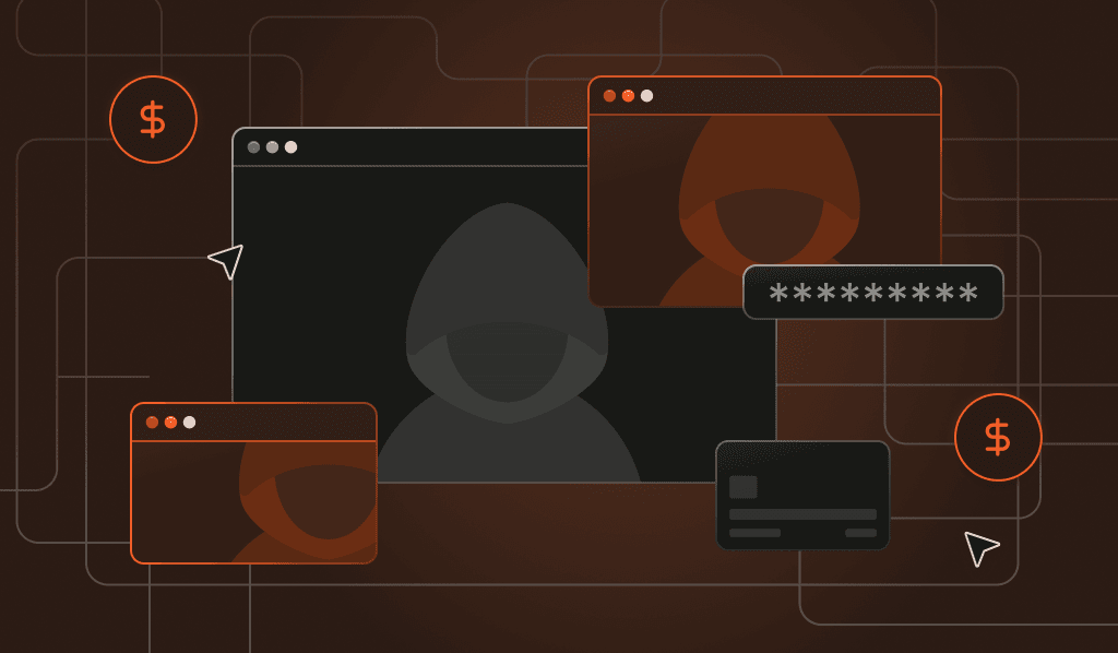 Cover image: Device intelligence for fintech Illustration of an anonymous person in different browser windows, symbolizing fragmented identity in online shopping or financial transactions.
