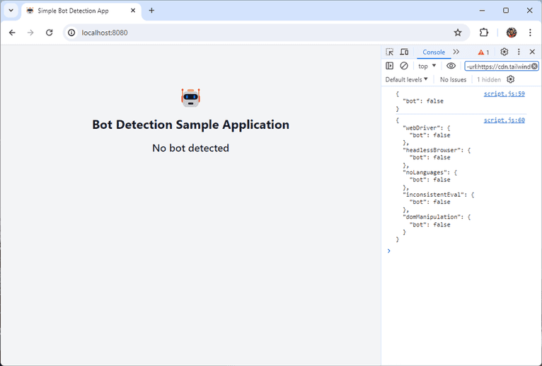 Screenshot of the final bot detection sample app