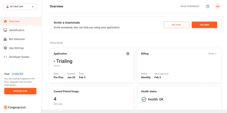 Fingerprint.com dashboard