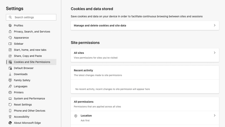 Microsoft Edge cookie management settings