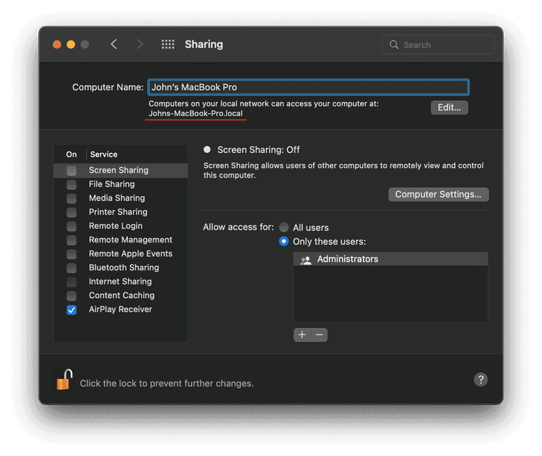 apple sharing settings window