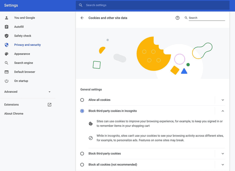 Google Chrome cookie settings