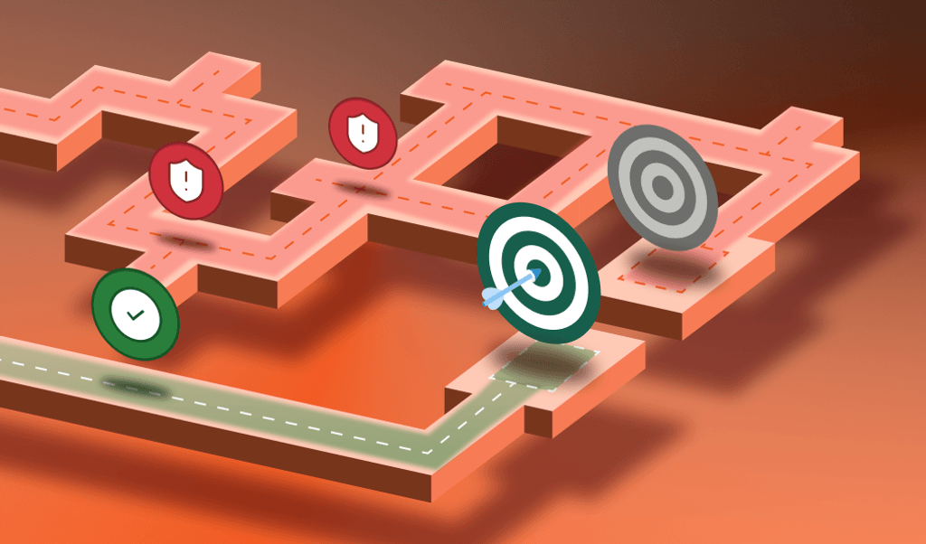 A complex path with multiple barriers vs a simple and easy path to a target