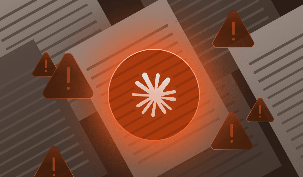 A prominent red circle with the Claude logo in the center, encircled by floating warning exclamation signs.