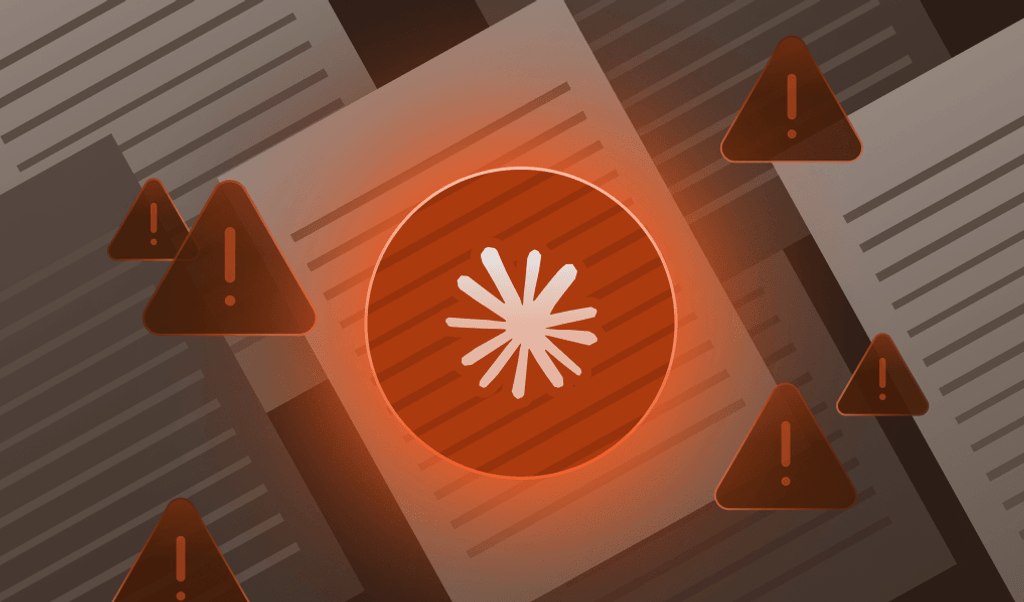 A prominent red circle with the Claude logo in the center, encircled by floating warning exclamation signs.