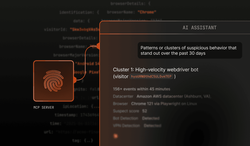 An AI agent uses the Fingerprint MCP Server to look for suspicious activity.