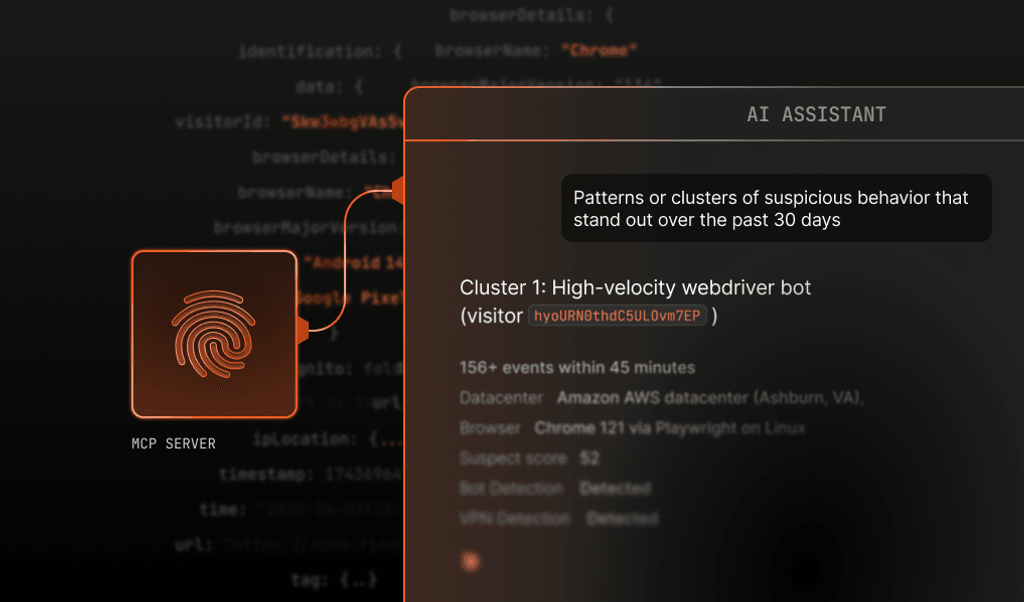 Introducing the Fingerprint MCP Server An AI agent uses the Fingerprint MCP Server to look for suspicious activity.
