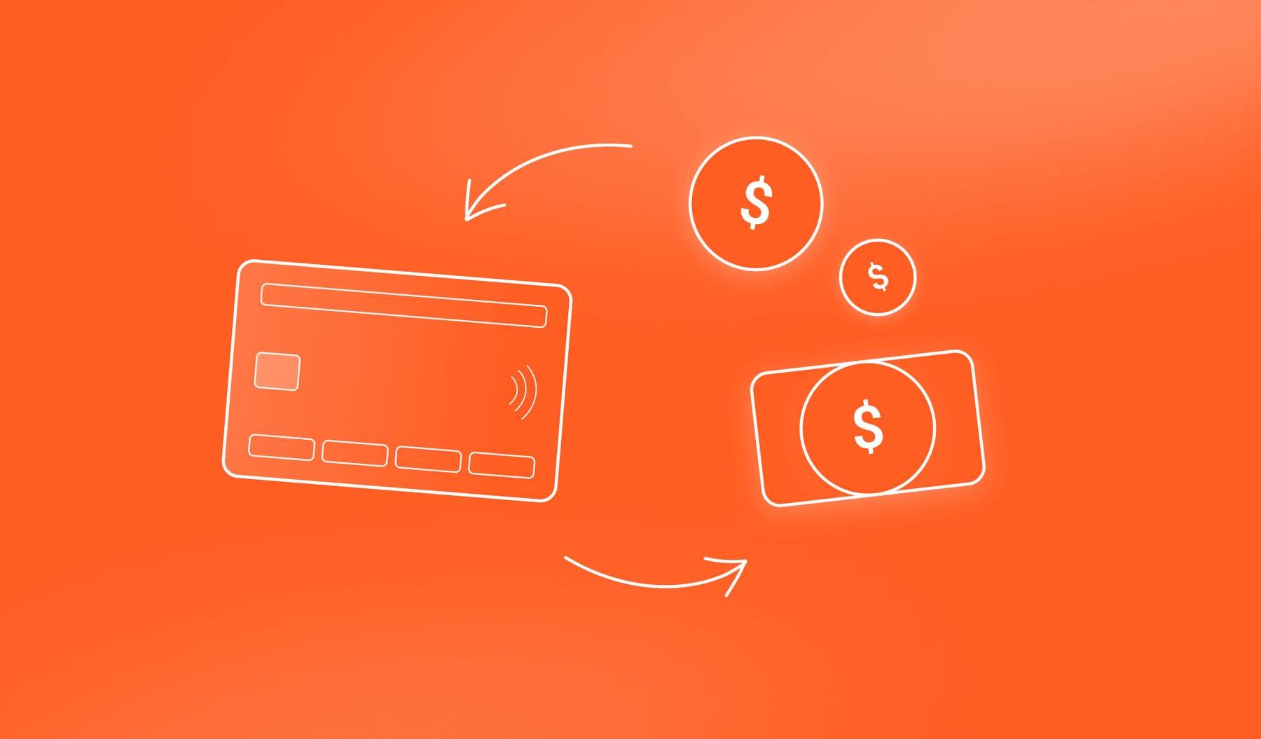 line illustration of credit card and currency on an orange background