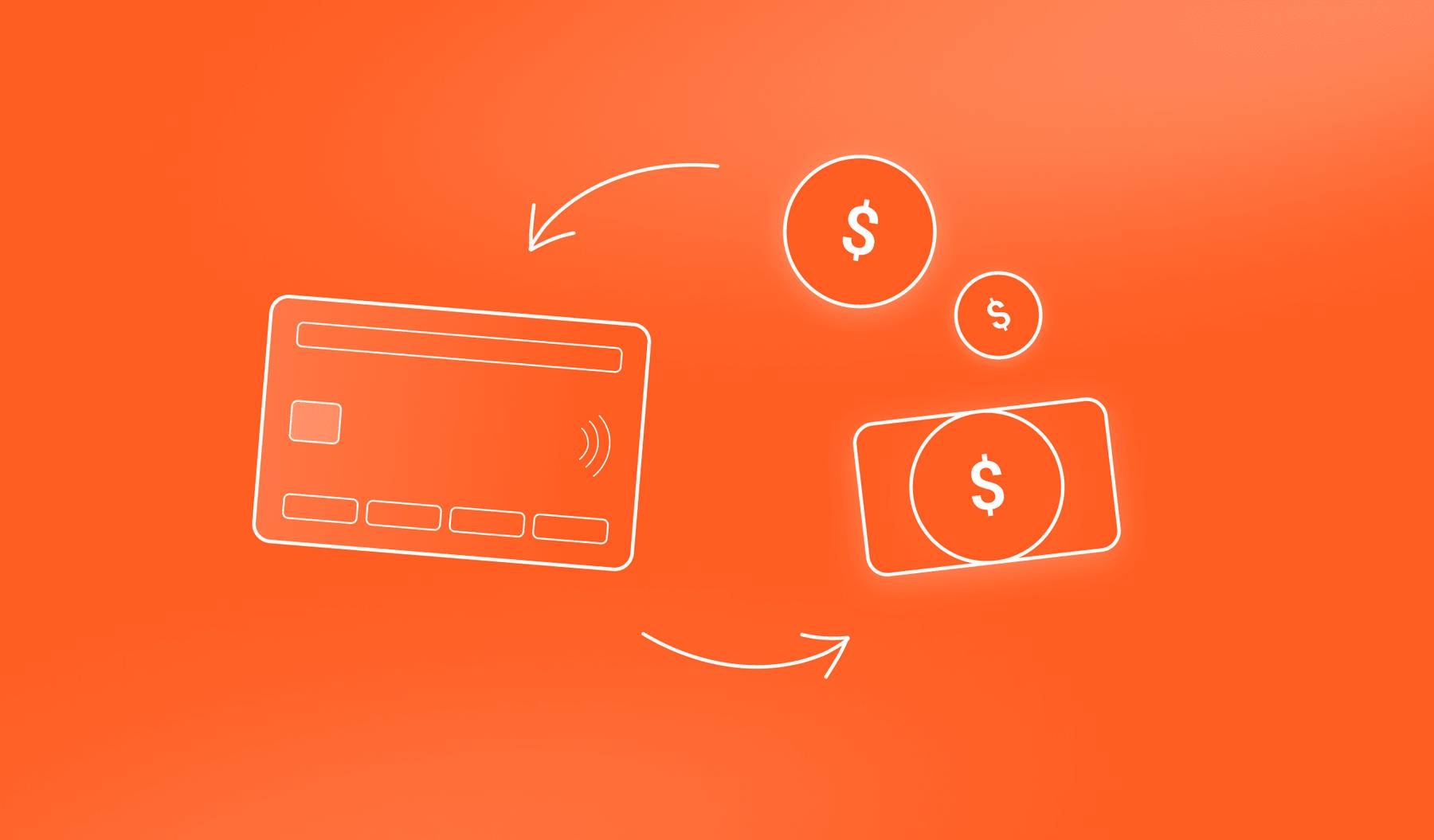 line illustration of credit card and currency on an orange background